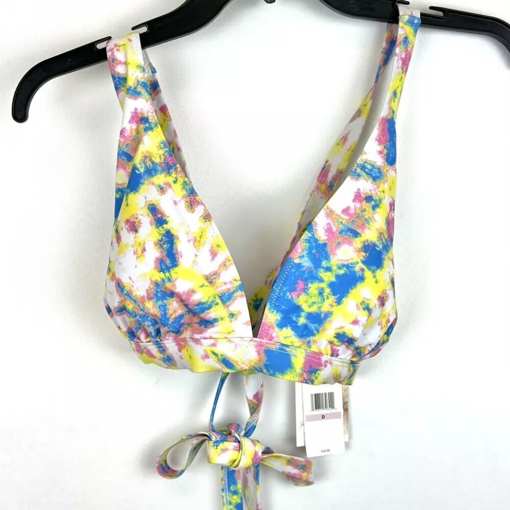 Jessica Simpson Women’s Yellow/Blue Tie Dye Tie Back Bikini Top Size D Cup